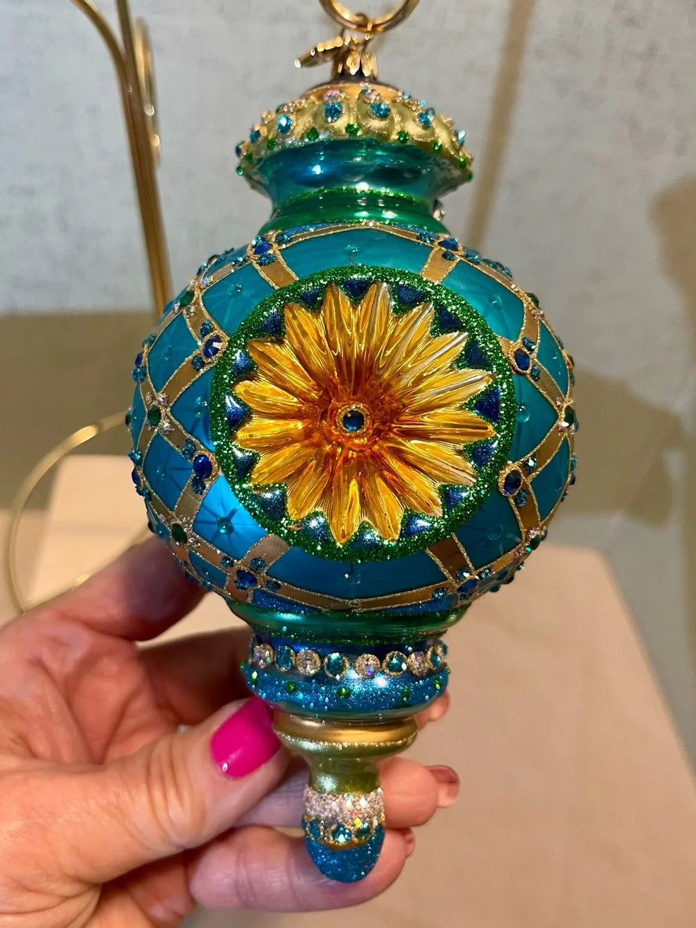VINTAGE REED & BARTON EUROPEAN HANDCRAFTED Teal & Gold Glass Ornament RARE FIND